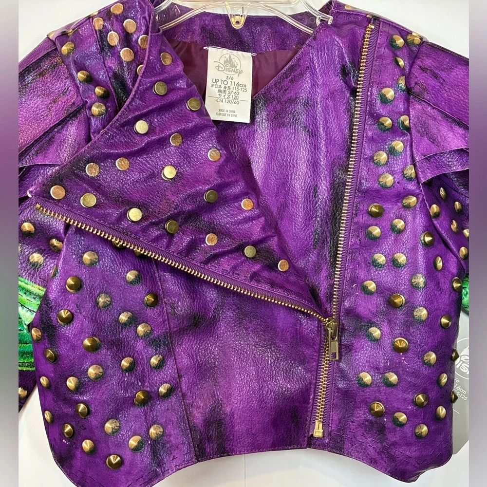 Disney Purple Studded Cropped Leather Moto Jacket with Gold Accents Size 5/6 NWT